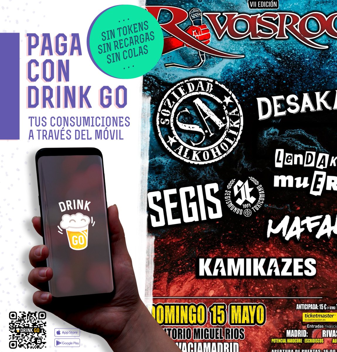 Pide en sin tener que hacer colas, con <a href="/drinkgoapp/">Drink GO</a> puedes pedir y pagar en barra desde el móvil. Descárgate la app, regístrate y pon los datos de tu tarjeta, entra en el evento en la app, selecciona lo que quieras beber, ve a la barra, y lo validas delante del personal de barra.