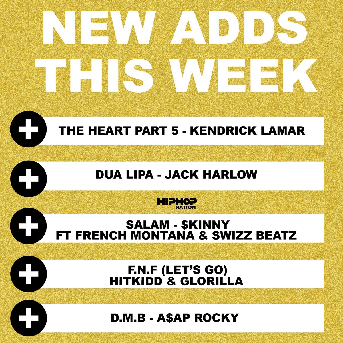 HipHopNation's tweet photo. Which of these new adds do you have in rotation? 👀👂 #NationsVIP15

Vote for your favorite tracks here: https://t.co/ZoKUu9Ax7E https://t.co/ohqsyzD0ux
