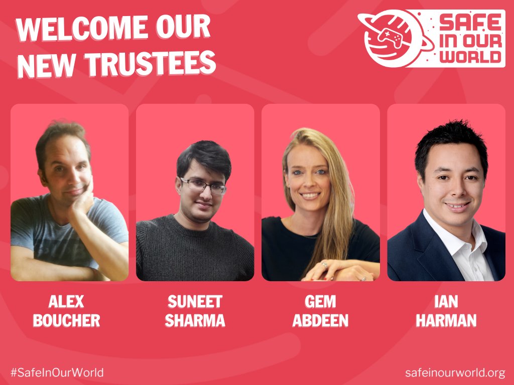 SafeInOurWorld's tweet photo. We're happy to announce four new Trustees; @thatwouldbealex, Suneet Sharma, @Strata_GeMm and Ian Harman! Together they bring experience, dedication, and passion in eliminating the stigma around mental health in the video games industry. 
https://t.co/FyFROcJEIl https://t.co/rLepAUAFMS