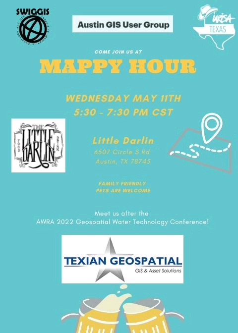 May MAPPY HOUR today at Little Darlin after the <a href="/AWRAHQ/">Am Water Res Assn</a> 2022 Geospatial Water Technology Conference](awra.org/Members/Events…) for some casual networking and great brews.*

urisatexas.org/event-4805261

#AWRA2022 <a href="/TexianGeo_GIS/">TexianGeo_GIS</a> <a href="/texiangeo/">David Pritchard</a>