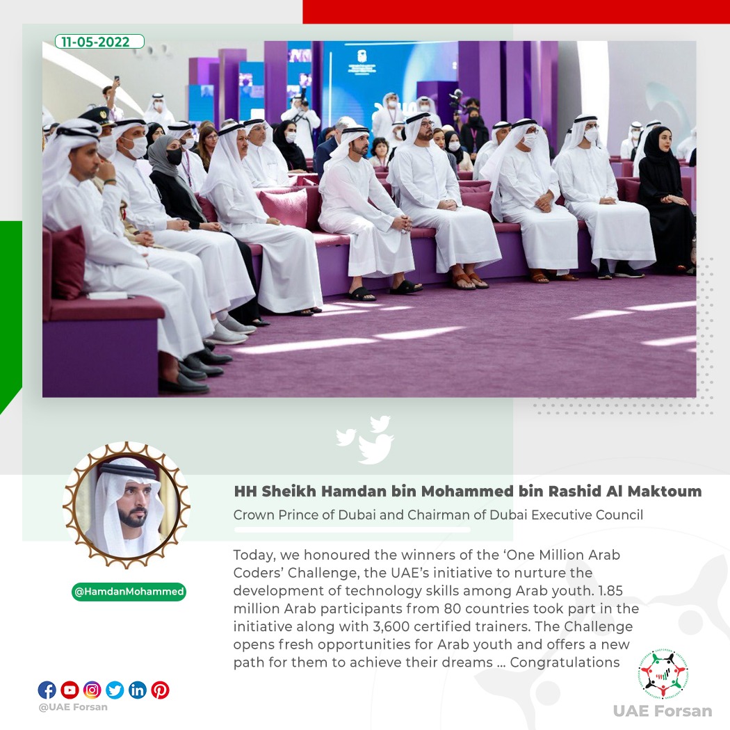 UAE_Forsan's tweet photo. HH Sheikh Hamdan bin Mohammed bin Rashid Al Maktoum: 'Today, we honoured the winners of the ‘ #OneMillionArabCoders’ Challenge, the UAE’s initiative to nurture the development of technology skills among Arab youth'
#UAE
@HamdanMohammed https://t.co/RV9RlSEAvK
