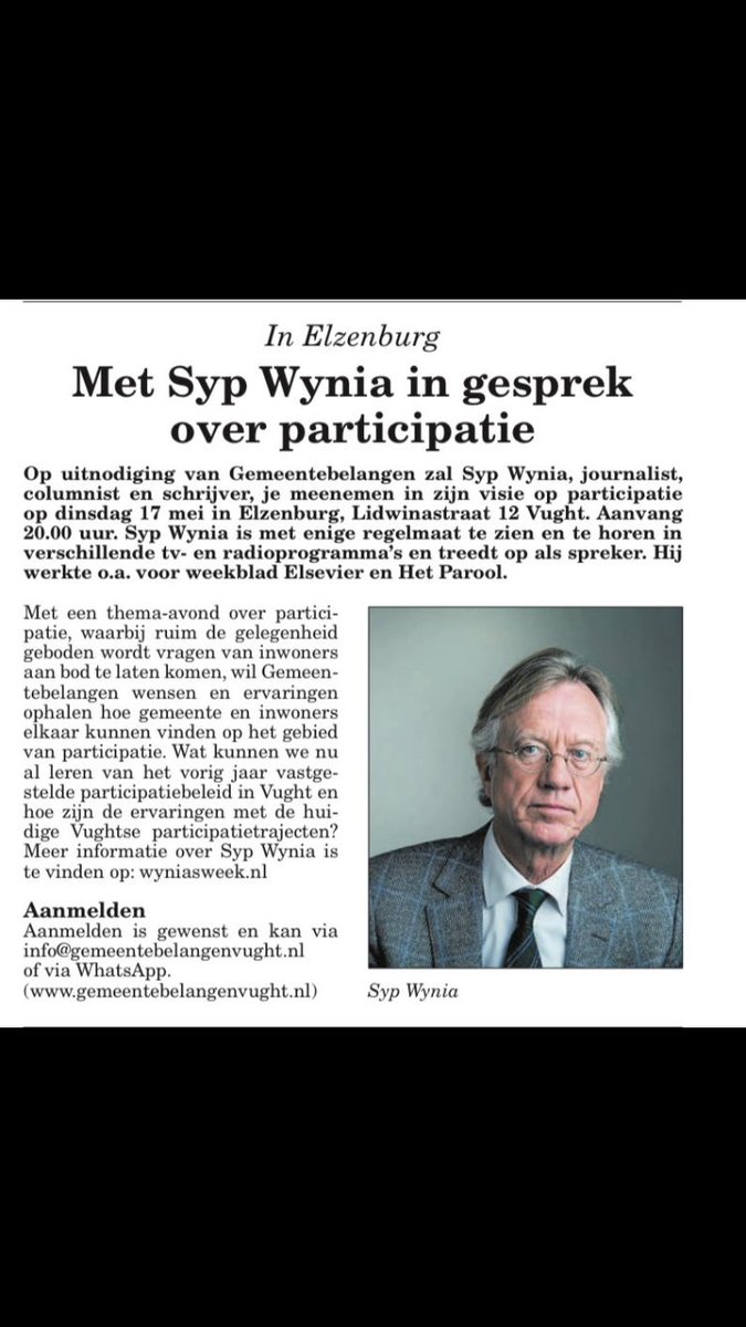 Thema-avond over participatie met <a href="/sypwynia/">Syp Wynia</a> bij Elzenburg op 17/5 om 20u! Wees welkom, wel graag aanmelden. #vught #helvoirt #cromvoirt