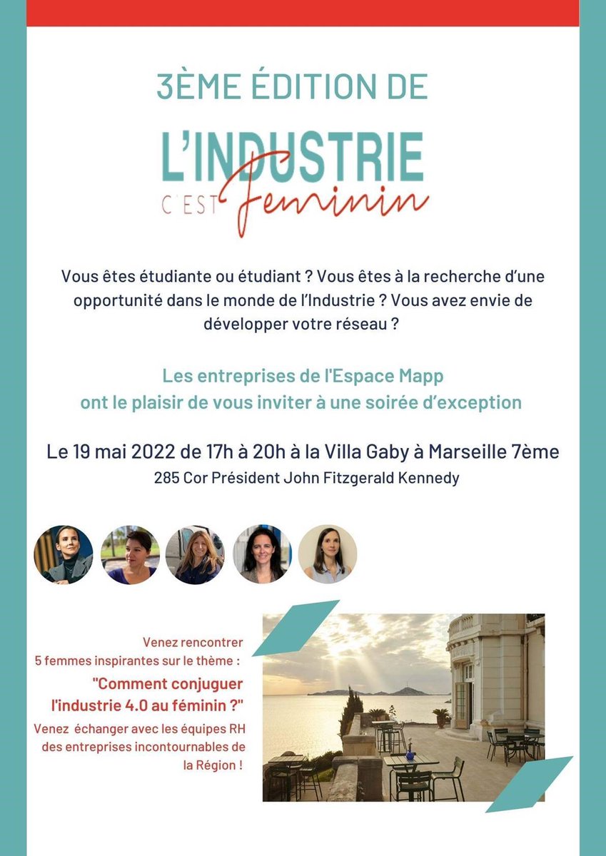 PolytechMars's tweet photo. 📅 | SAVE THE DATE |  Jeudi 19 mai 2022
3ème édition de l’Industrie c’est féminin à la Villa Gaby. 

Cet événement est à l’initiative de l’Espace MAPP, un groupement de grandes entreprises de la région Sud.
#regionsud #EspaceMapp #Marseille #Ingénieur https://t.co/8Y8RWLqThL