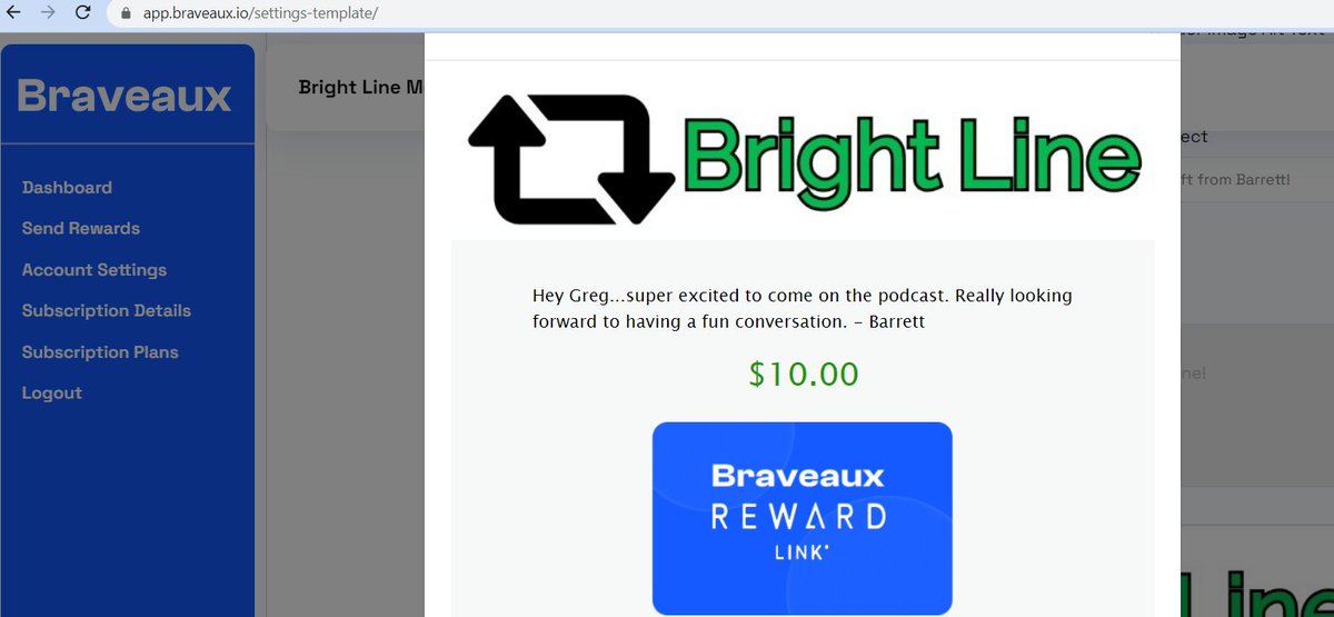 Reward emails are customized with the brand/messaging of the sender.But until the recipient chooses where they want to redeem their gift, the placeholder card has Braveaux branding. This way when an end user wants to pay it forward, they know how to sign up their company.