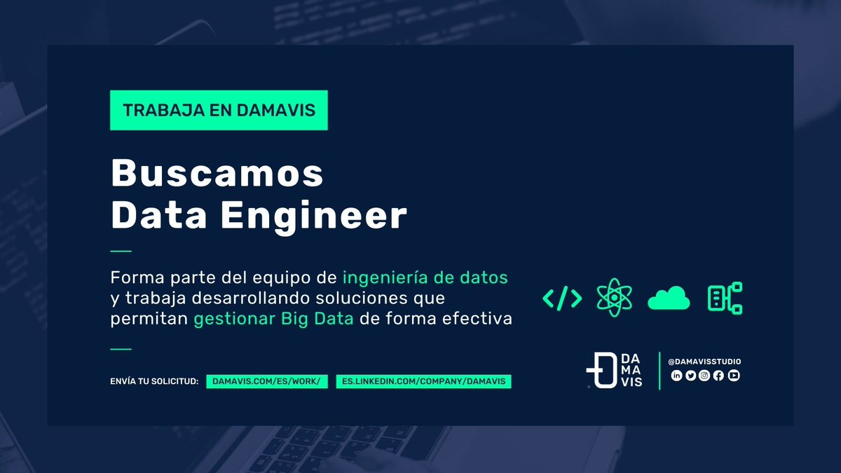 #Empleo | #BigData | #InteligenciaArtificial

📣 ¡Buscamos #talento! Nuevo proceso de selección de #DataEngineer

ℹ Link a la #oferta ➡ linkedin.com/jobs/view/3067… 
🌐 Envía tu cv para esta #ofertadeempleo o futuros procesos ➡ damavis.com/es/work/

#Teletrabajo #ofertasdeempleo