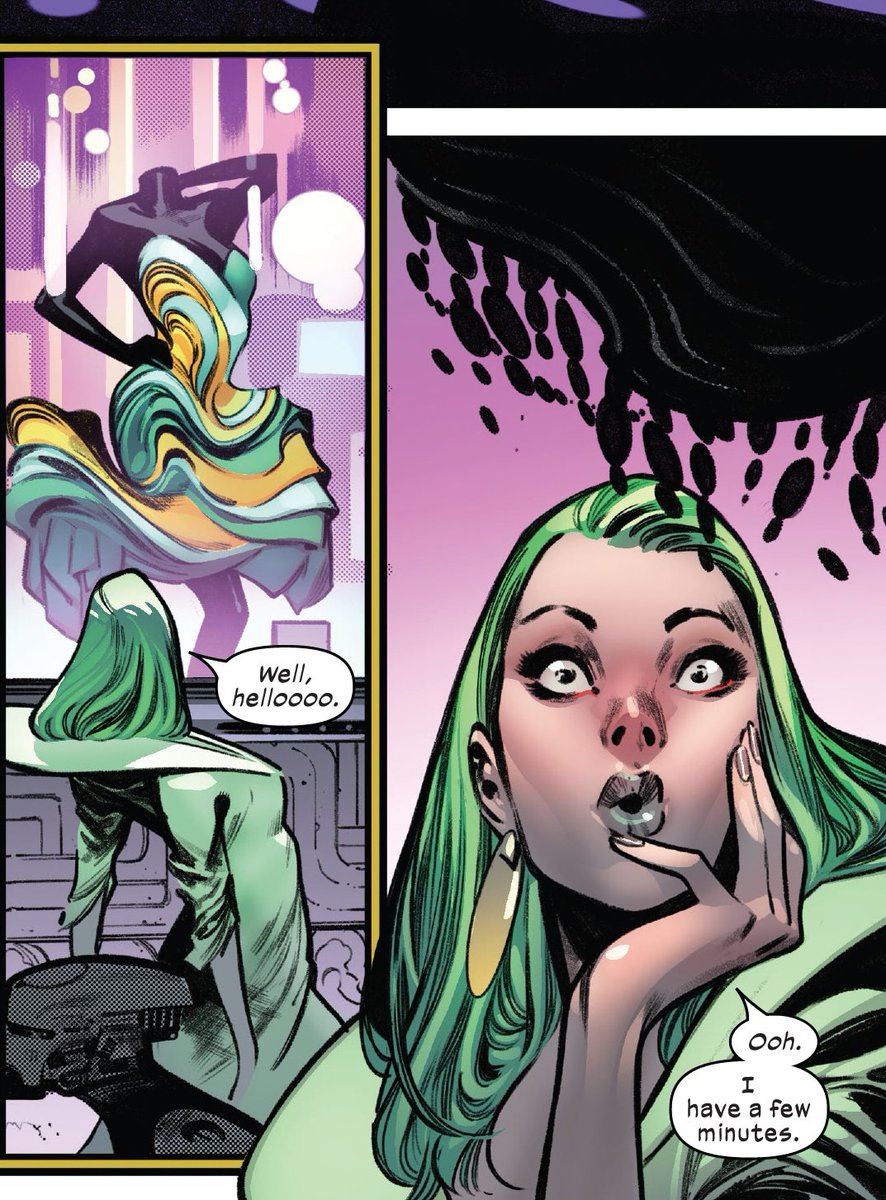 Two panels from X-Men (2021) #11 of Lorna Dane. In the first she is looking at a swirly green and yellow striped dress on a mannequin and says, "Well hellooo." In the second we see her face and she looks quite impressed and holding a hand to her face and says, "ooh. I have a few minutes."