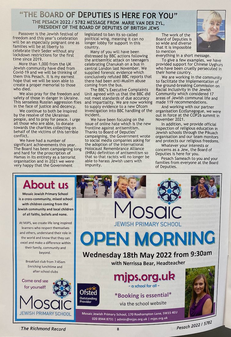 Mosaic Jewish Primary School (@jewishmosaic) on Twitter photo Great to see our school Open Morning adverts in the papers - The Jewish Chronicle, The Richmond Record and Kehillah. Open Morning booking for Reception through to Year 6 is via our website: mjps.org.uk/open-days
<a href="/JewishChron/">The Jewish Chronicle</a> Great to see our school Open Morning adverts in the papers - The Jewish Chronicle, The Richmond Record and Kehillah. Open Morning booking for Reception through to Year 6 is via our website: mjps.org.uk/open-days
<a href="/JewishChron/">The Jewish Chronicle</a>