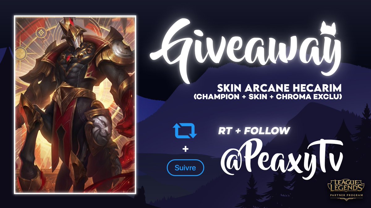 PeaxyTV's tweet photo. Instant #Giveaway grâce au #LeaguePartner !

🎁 5 Skins Hecarim Arcane à Gagner 
(Champion + Skin + Chroma Exclusif) 

🔁RT ce tweet
✅Follow @PeaxyTV

TAS prévu le 20 mai, bonne chance à tous ! 
5 autres codes à gagner sur https://t.co/5claeIt9nG https://t.co/fB5E91pFIJ