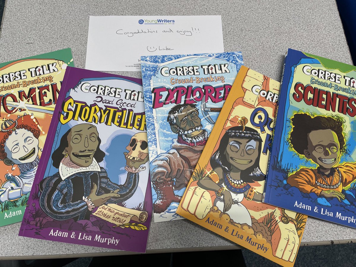 MrsC_017's tweet photo. Year 4 were over the moon to receive a set of @Adam_T_Murphy and @acouplecomics Corpse Talk books courtesy of @YoungWritersCW after entering a competition with them! We love getting new books for our reading corner ๐#HRReading @HaxbyRoad https://t.co/7bKHQOCLXH