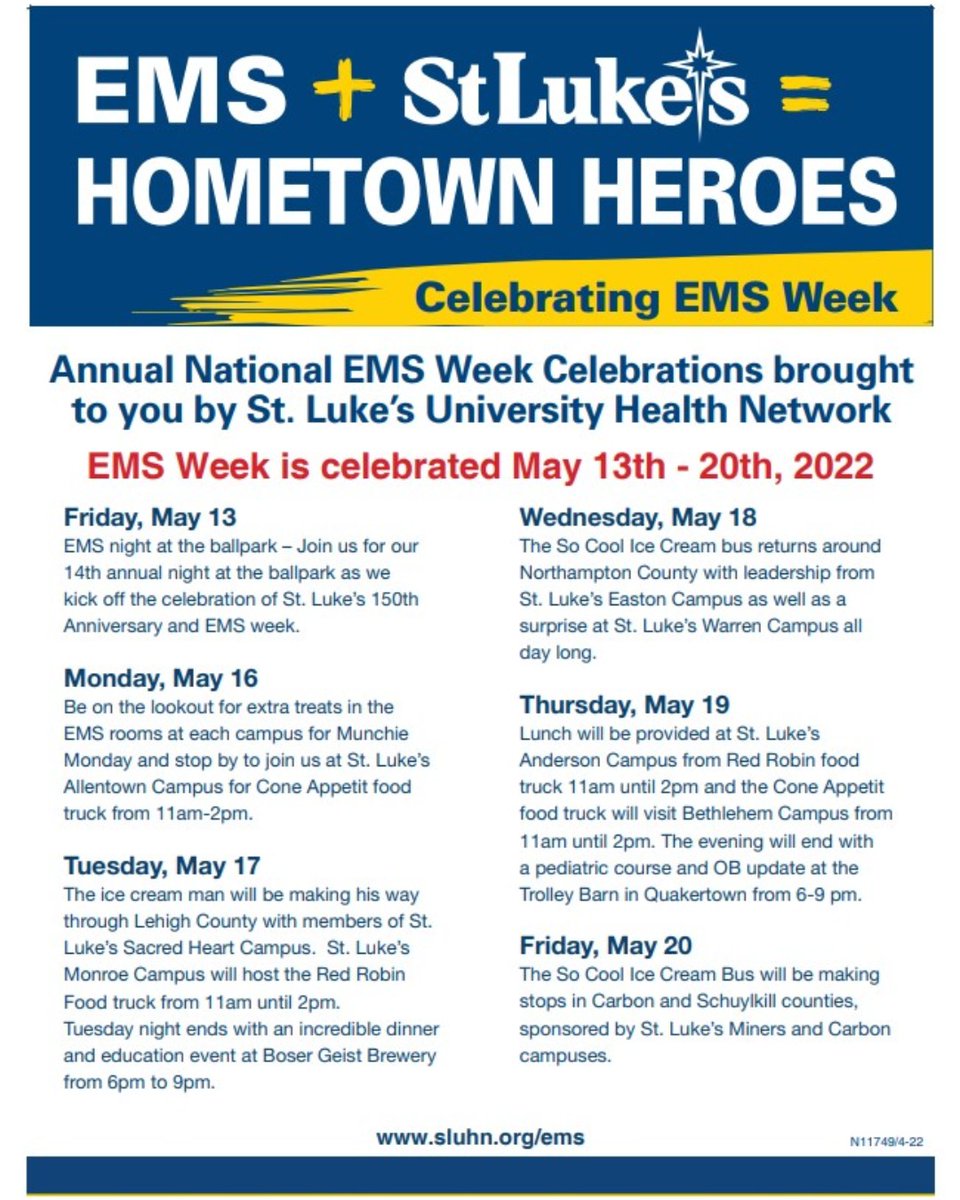 sluhnems's tweet photo. Don't get bored, come spend the week with us as we recognize your hard work throughout the year. Happy EMS Week 2022!
https://t.co/kD68fZUydJ https://t.co/2tuw36jHI9