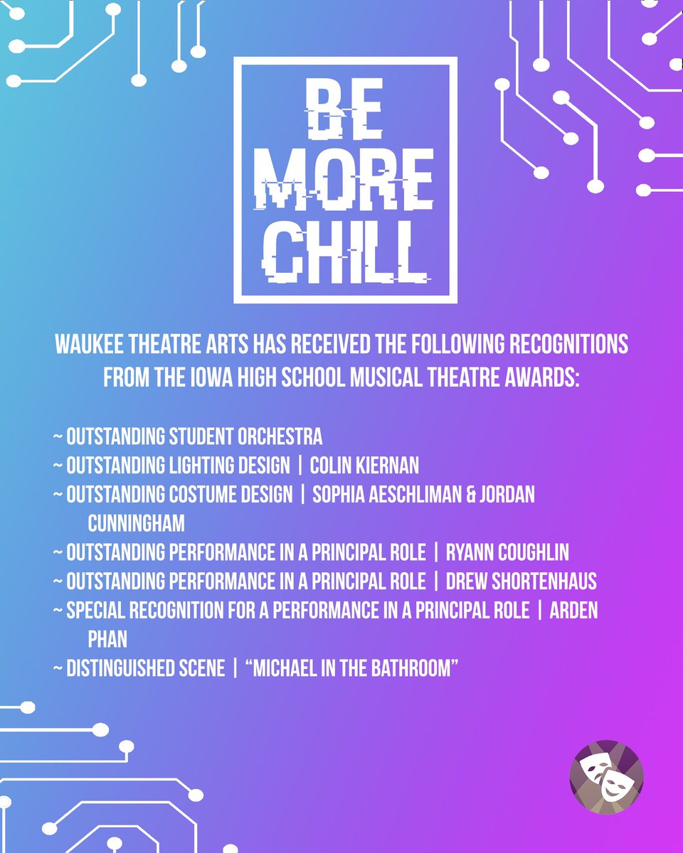 We are excited to share that BE MORE CHILL has been recognized with the following honors from the IHSMTAs! Congratulations to everyone on a great show!