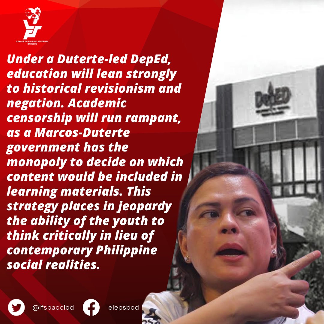 lfsbacolod's tweet photo. The Miseducation of the Filipino People: Resist Sara Duterte's Installment as DepEd Secretary!
(1/8) https://t.co/JAv2sVm1G8