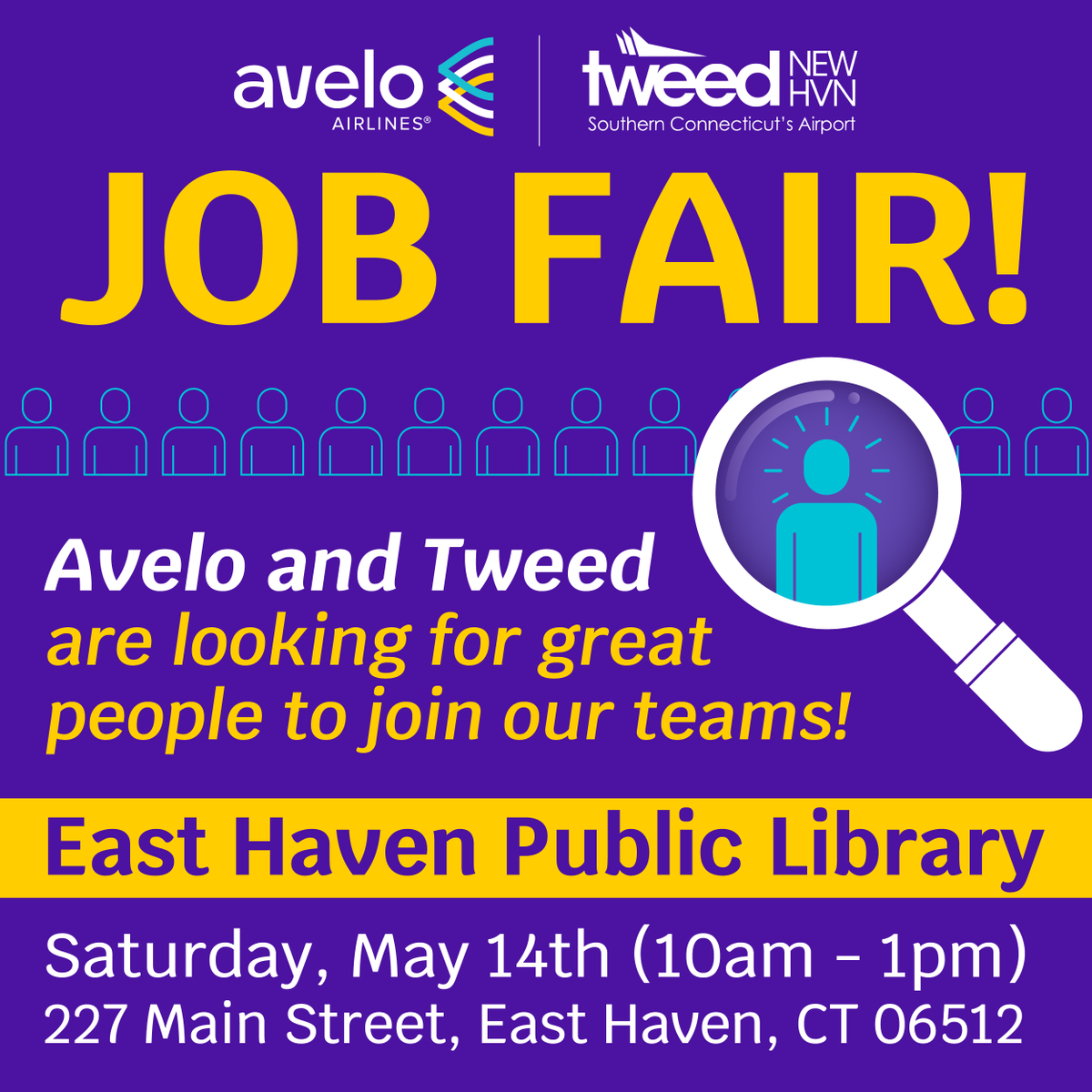 Looking for a new and exciting career? We're hiring (again)! Join us and @AveloAir this Saturday in East Haven to learn about job opportunities here at HVN!