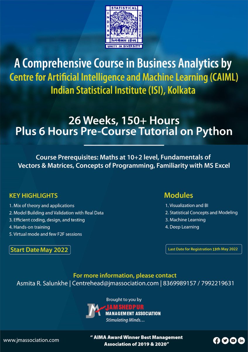 jsrjma's tweet photo. LAAAASTTT CAAAALLL!!!! We are all set to go....
Apply link:
https://t.co/DqAntlyanw
Here's what the profs of ISI Calcutta have to say about this exciting course:
https://t.co/6vIpCgCVal 
@jsrjma @aimaindia  @ISIKolkata @TataSteelLtd @TataMotors @IIMKozhikode @XLRIJamshedpur @IIML https://t.co/JumuJ9JFPW