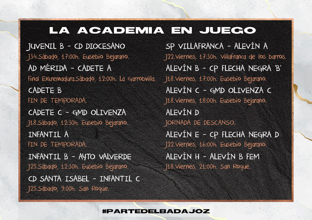 CDBLaAcademia's tweet photo. ⚽️La Academia en juego🏃♂️Horarios de los partidos del próximo fin de semana.
#LaAcademiaEnJuego #ParteDelBadajoz https://t.co/rSftWODCpw