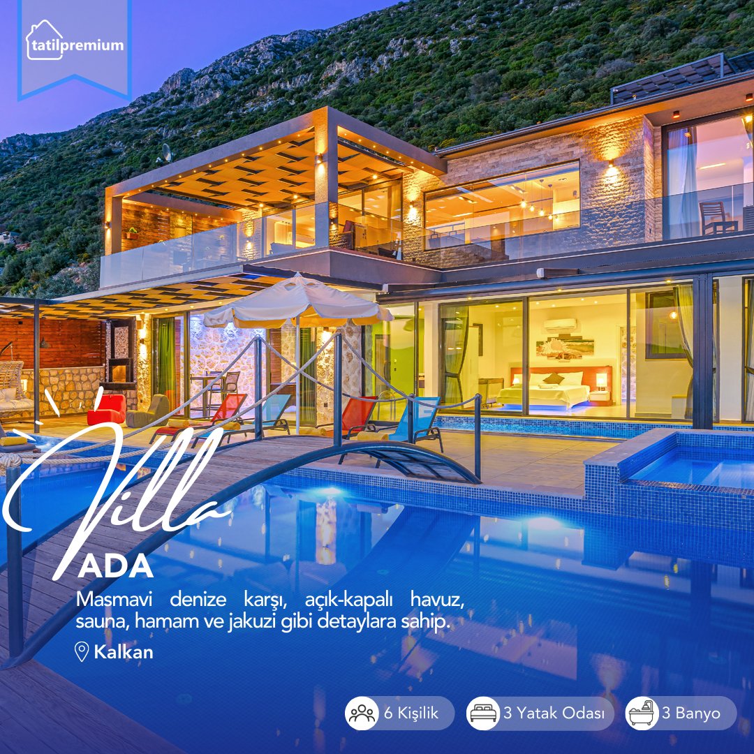 tatilpremium's tweet photo. Villa Ada kendine ait havuzu, bahçesi ve 1 tanesi jakuzili olmak üzere toplam 3  yatak odası ile 6 kişi konaklama kapasitesine sahiptir. Açık ve kapalı 2 adet havuza sahip olan villamızda ayrıca hamam ve sauna bulunmaktadır. 
🌐 Detaylı Bilgi için: https://t.co/AL7RCe7hsv https://t.co/koKay7Mptc
