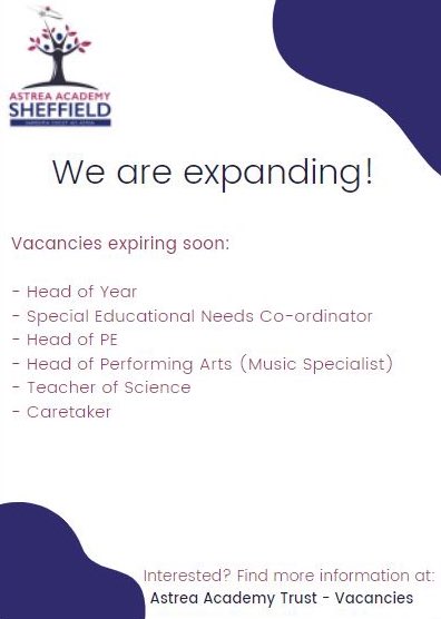 AstreaAcadSheff's tweet photo. ✨ We’re expanding ✨ Pls share these exciting roles with anyone who would fit in to our hardworking team who are committed to doing their best for their community. https://t.co/b1ZIrPdKA9