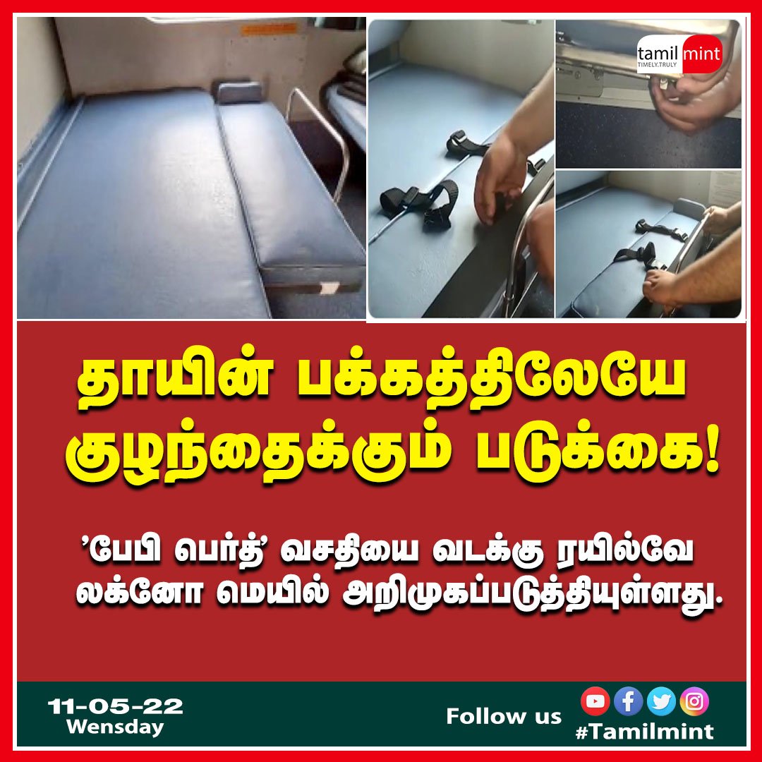 TamilMintNews's tweet photo. தாயின் பக்கத்திலேயே குழந்தைக்கும் படுக்கை!
'பேபி பெர்த்' வசதியை வடக்கு ரயில்வே
லக்னோ மெயில் அறிமுகப்படுத்தியுள்ளது.
#BabyBerth | #IndianRailways | #LucknowMail | #tamilmint https://t.co/rFLkafAG5r