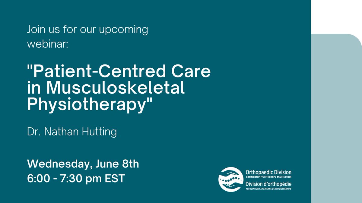OrthoDiv (@orthodiv) on Twitter photo New webinar coming your way! 🎉
Join us in exploring patient-centred care in MSK physiotherapy w/ <a href="/NathanHutting/">𝙉𝙖𝙩𝙝𝙖𝙣 𝙃𝙪𝙩𝙩𝙞𝙣𝙜</a>, Wednesday, June 8th @ 6 pm EST.
Register @ cpa.embodiaapp.com/webinars/626
Members, this is a free offering! A link to register at no cost was emailed on May 10th. New webinar coming your way! 🎉
Join us in exploring patient-centred care in MSK physiotherapy w/ <a href="/NathanHutting/">𝙉𝙖𝙩𝙝𝙖𝙣 𝙃𝙪𝙩𝙩𝙞𝙣𝙜</a>, Wednesday, June 8th @ 6 pm EST.
Register @ cpa.embodiaapp.com/webinars/626
Members, this is a free offering! A link to register at no cost was emailed on May 10th.