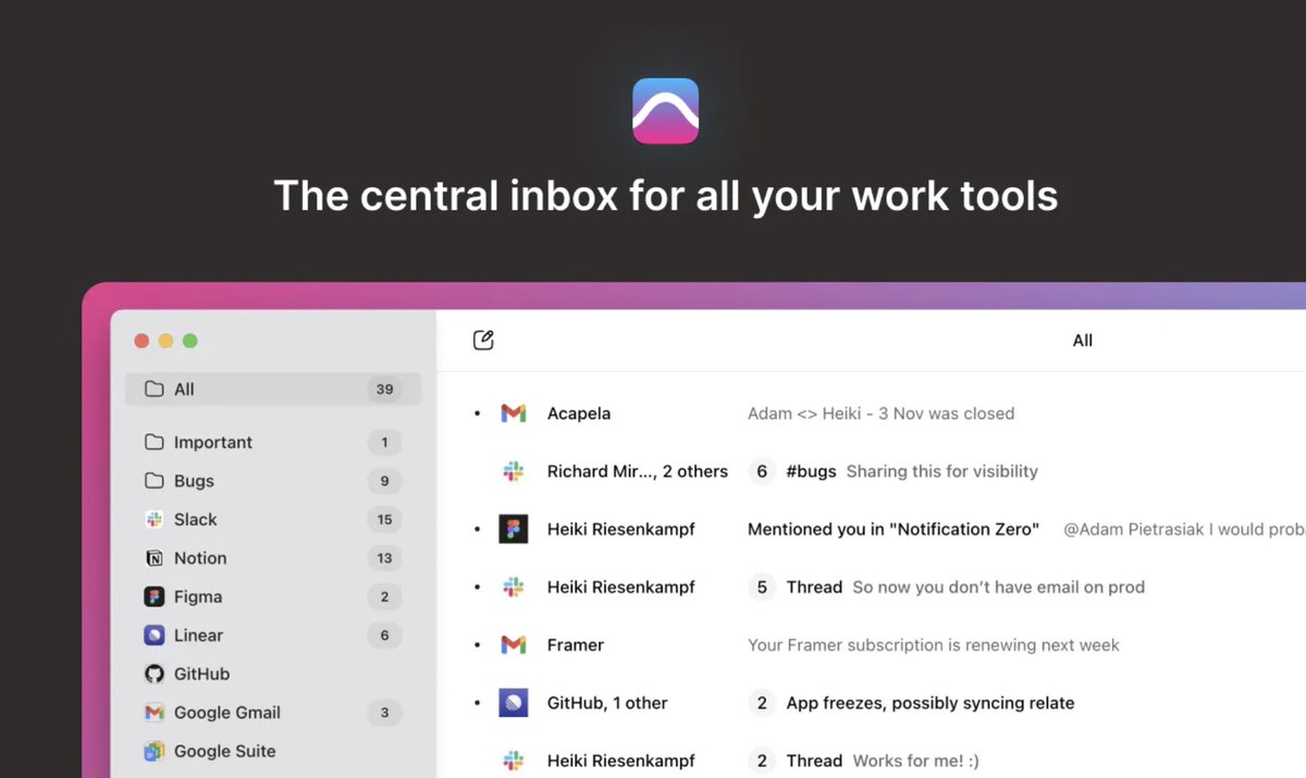 Acapela offers an integrated inbox view of all your work notifications in one place. 

No mess, no stress: meow.ph/acapela