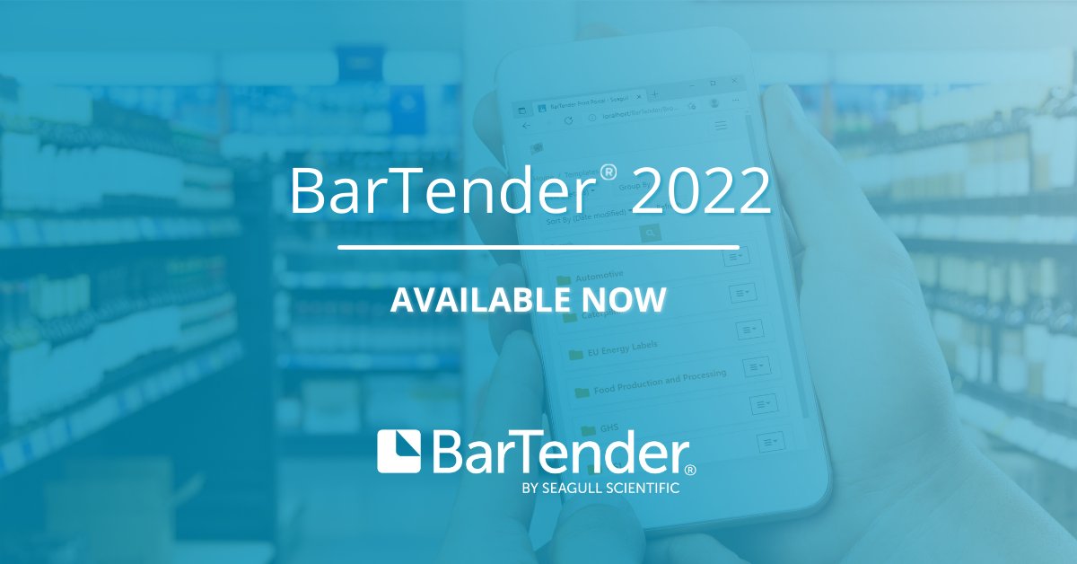 SeagullSci's tweet photo. It’s official: BarTender 2022 is available now! This release includes new ways to print and integrate with your enterprise data — including the new BarTender REST API. Visit https://t.co/gwVxBDMN17 to learn more about our latest release. #BarTendersoftware #labelingsoftware https://t.co/nGtgE8sEe2