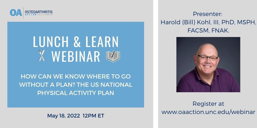 oaactionallianc's tweet photo. Join us for our upcoming Lunch & Learn Webinar on Wednesday, May 18th at 12PM ET. Register Today! #osteoarthritis #ArthritisAwarenessMonth #OAAwarenessWeek https://t.co/wmafuTvBHO @PAAmovewithUS https://t.co/Gtudw039V1