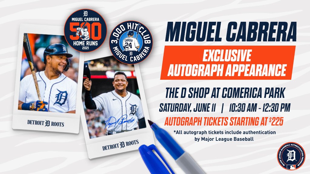 Miguel Cabrera Autograph Appearance! Saturday, June 11 at 10:30 AM in The D Shop at Comerica Park. Autograph & Inscription Tickets available here ⤵️ tigers.auctions.mlb.com/iSynApp/allPro…