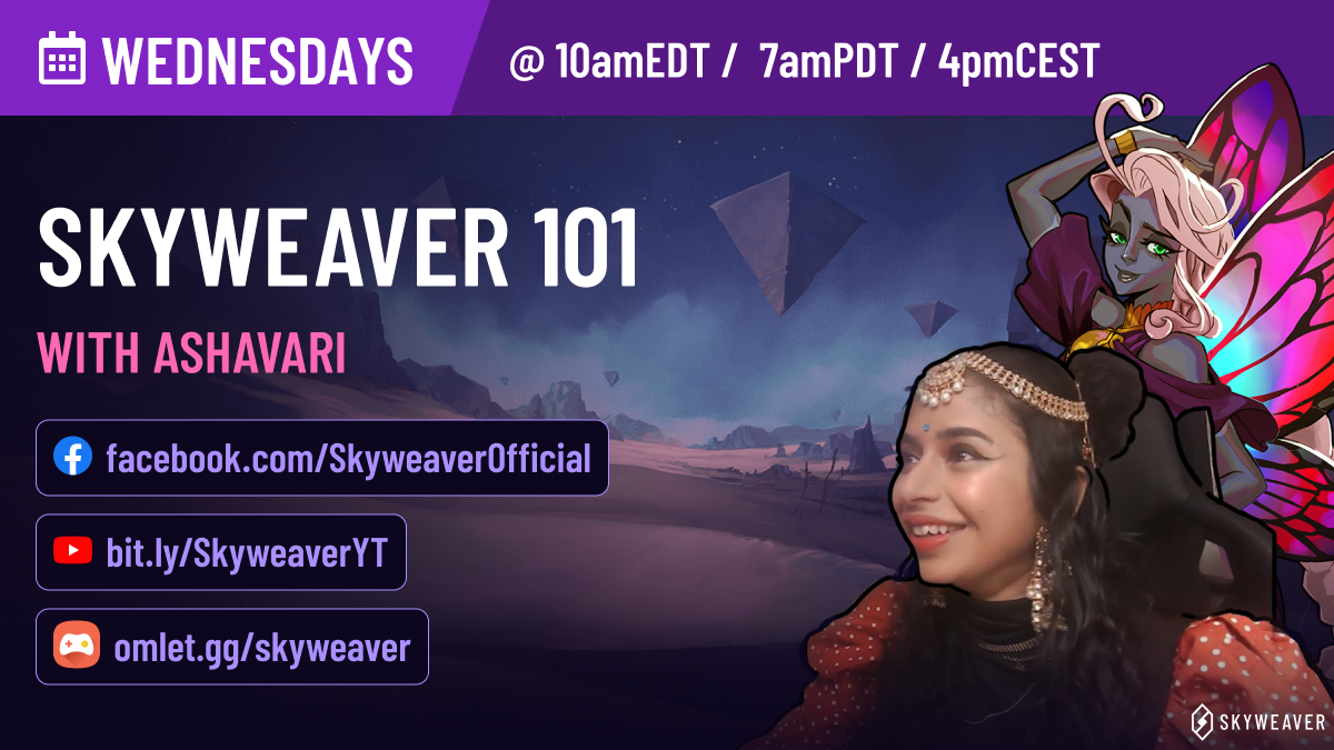 SkyweaverGame's tweet photo. Learn how to play Skyweaver with Ashavari! Join her today on Facebook, YouTube, or Omlet Arcade! #LearnSkyweaver #livestream

When: 7:00 PDT / 10:00 EDT / 16:00 CEST
Facebook 👉 https://t.co/N62Ov3M5Uy   
YouTube 👉 https://t.co/AQvopcAPb0
Omlet Arcade 👉 https://t.co/uv1syYs1dB https://t.co/l5QSpHIU4a