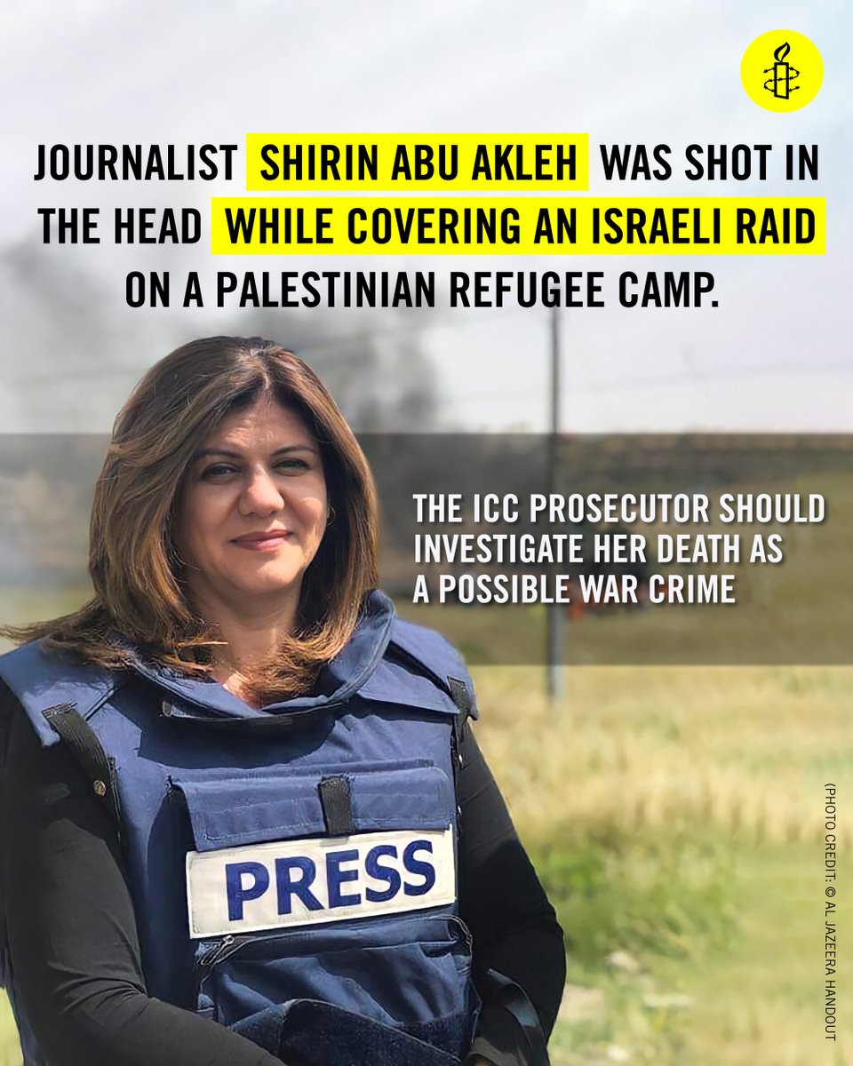 AmnestyMENA's tweet photo. 🚨 The killing of veteran Al Jazeera correspondent, #Shereen_Abu_Aqleh, while covering an Israeli raid on #Jenin refugee camp in the occupied #WestBank is a bloody reminder of the deadly system Palestinians are locked in. Justice is the only way forward. End Israel’s apartheid. https://t.co/nXH0lkyoYP