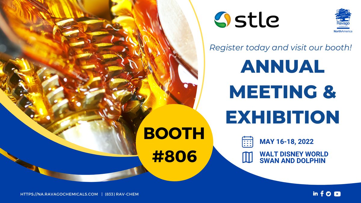 RavagoChem's tweet photo. See you next week at the #STLE Annual Meeting &amp; Exhibition at Walt Disney World Swan and Dolphin from May 16th to 18th. Don't forget to stop by our booth #806.

Register here: 🖱 https://t.co/B7eL4T6Wau

#ravagochemicals #rcna  #metalworking #lubricants #specialtychemicals https://t.co/HQZ4MlcAKU