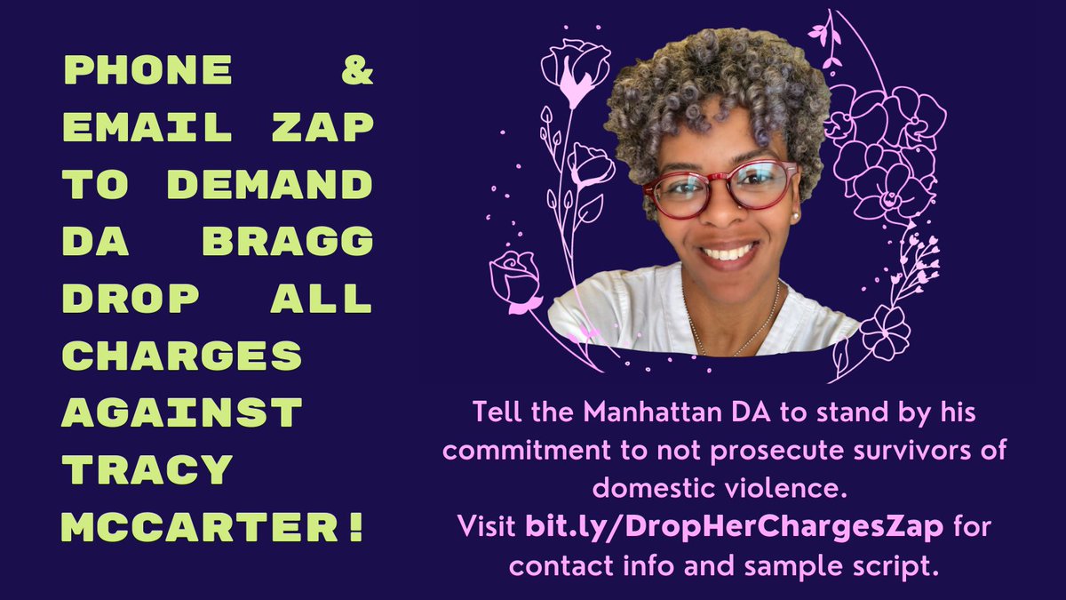Today (& every Wed in May) is #WeGotHerWednesdays phone & email zap! 

Call/email/tweet at the Manhattan DA to demand he drop all charges against criminalized survivor Tracy McCarter

Check out the toolkit for scripts & more bit.ly/DropHerCharges… #DropHerCharges #StandWithTracy