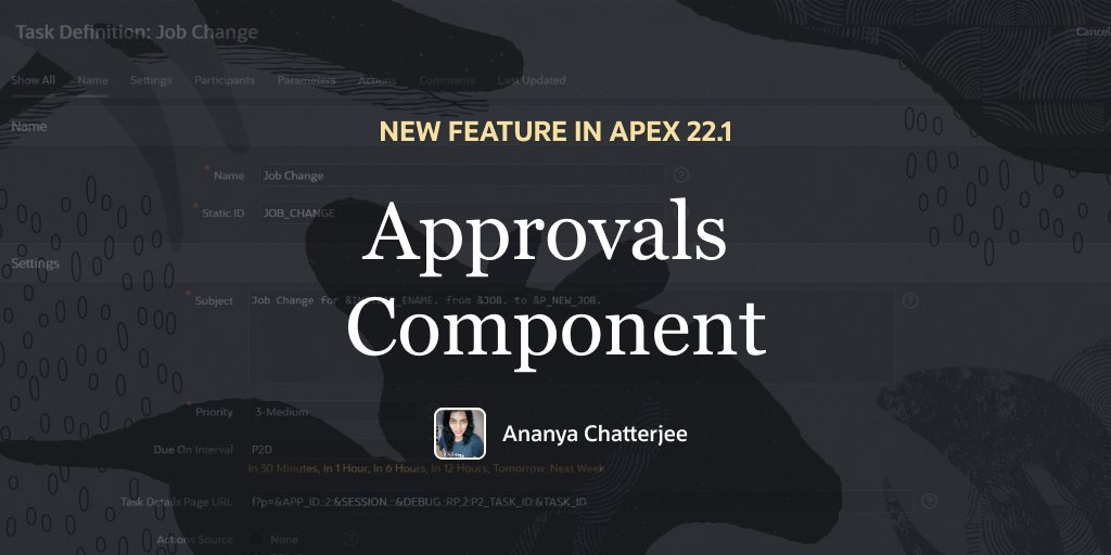 OracleAPEX's tweet photo. 💡 With the new Approvals component in #orclAPEX 22.1, you can deliver solutions requiring human approvals in record time!

The first of this multi-series on Approvals introduces the and how to get started!

 🌏 https://t.co/6IskZhnxqd

#Oracle #orclAPEX #LowCode #apex221 https://t.co/ekmEwehG8S