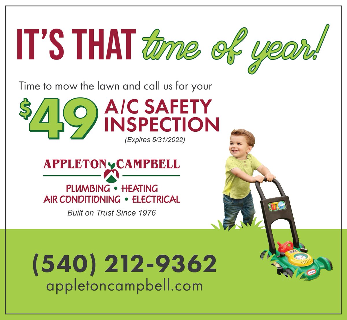 AppletonCampbel's tweet photo. The grass is growin' so it's time to start mowin'...and have your #AirConditioning system serviced. The friendly experts at #AppletonCampbell are here to help so leave the A/C to us.๐ You can have your #AC serviced for ONLY $49 for the whole month of #May. https://t.co/fh2H3NptnY