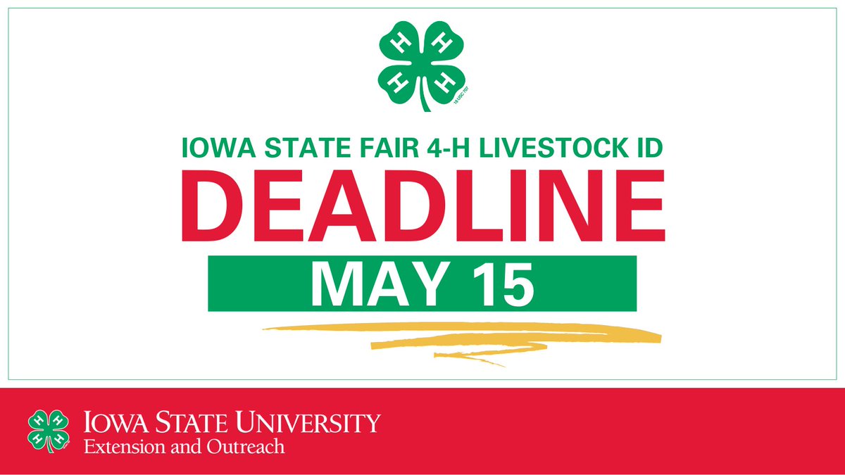 iowa4h's tweet photo. ‼️4-H Livestock ID deadline is quickly approaching‼️

Families have until 11:59PM on May 15th to get animals identified in 4-H Online. https://t.co/dMMb3UwQus