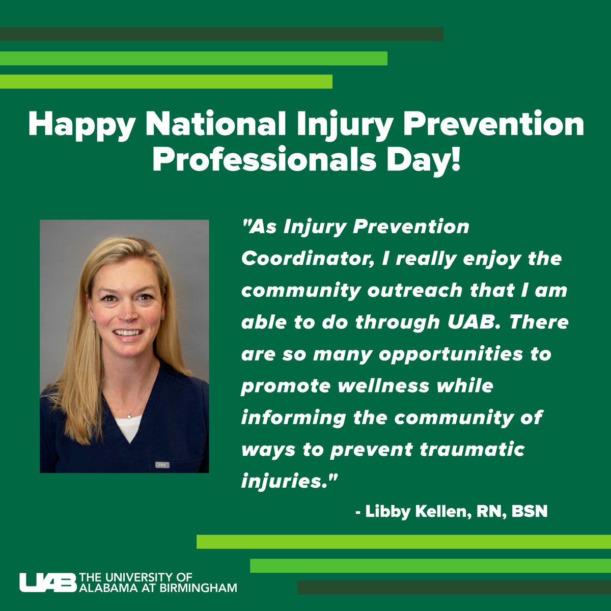 It's #NationalInjuryPreventionProfessionalsDay! Our injury prevention coordinator Libby reaches communities across Alabama with #StopTheBleed training, #fallprevention for seniors, & #distracteddriving courses for teens! 

#thisisinjuryprevention #TraumaAwarenessMonth @ATSTrauma