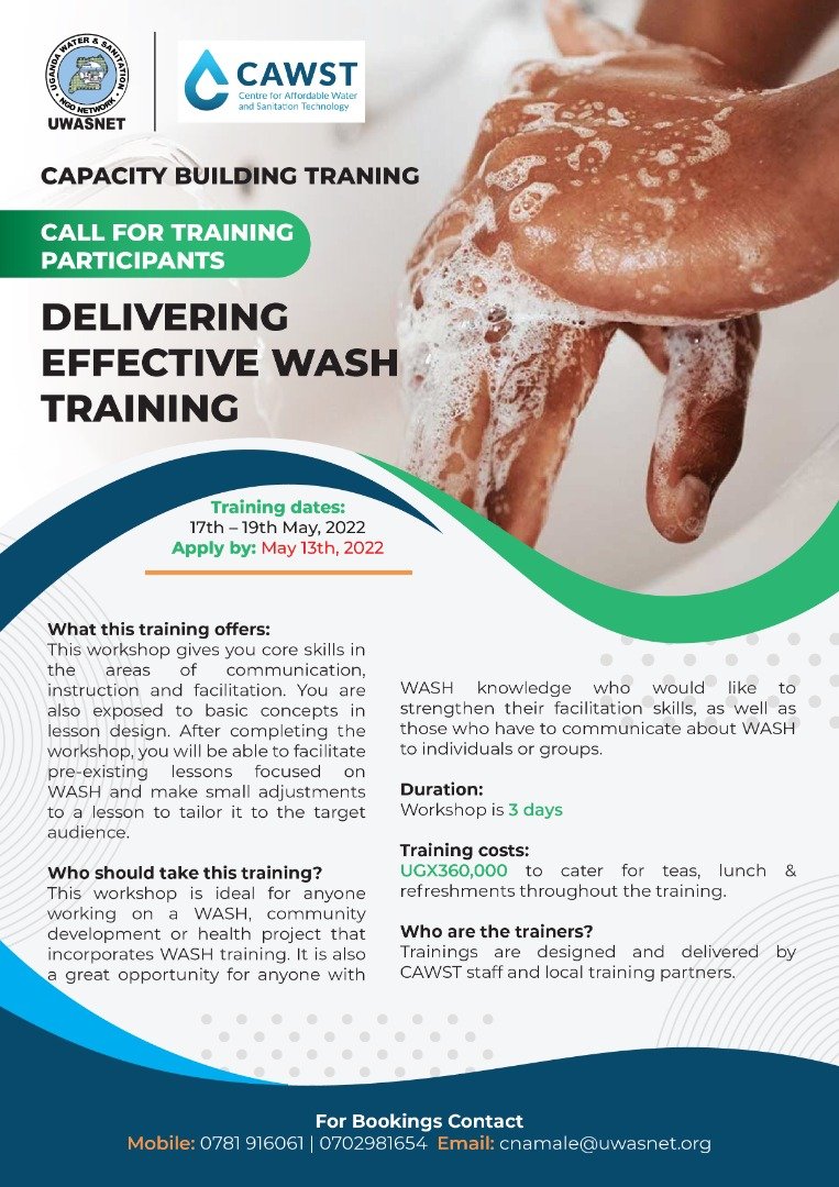uwasnet's tweet photo. @cawst in partnership with @uwasnet
bring to you a capacity building training on DELIVERING EFFECTIVE WASH, targeting stakeholders in the Water sanitation and Hygiene sector which will take place from 17th-19th, May 2022. Don't miss out #WASHTRAINING
@MusaaziYunia https://t.co/rL04HLALfd