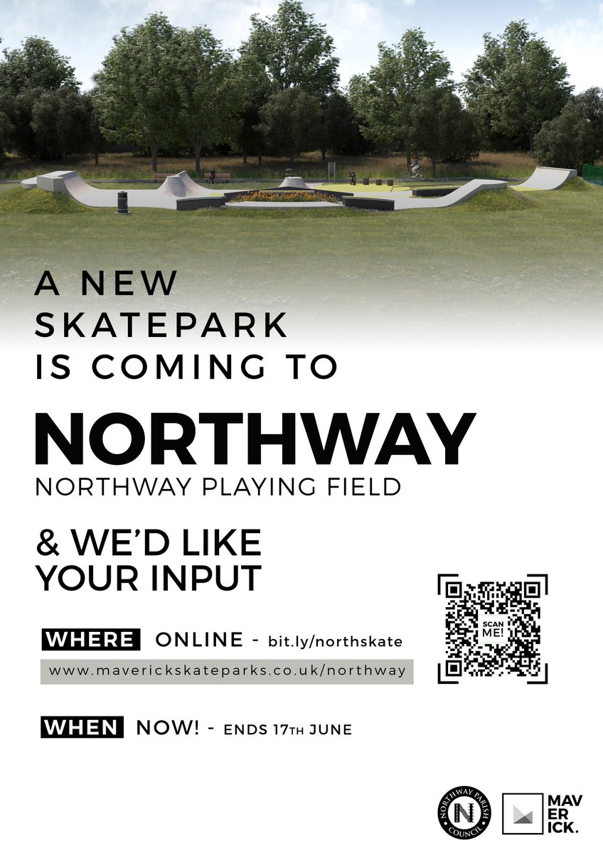 NorthwayPC's tweet photo. Northway Parish Council, with the help of grant funding, hopes to install a new skatepark at Northway Playing Field. If you or anybody you know will make use of this facility, have your input in its design! 🛹 https://t.co/Grn0RiOz2L https://t.co/BrF4mi6hJh