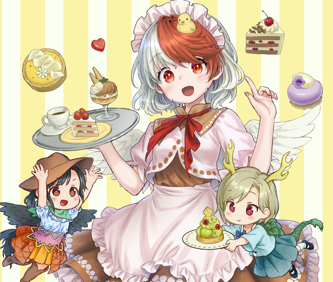 kicchou yachie ,kurokoma saki ,niwatari kutaka multiple girls 3girls wings food red hair blonde hair tail  illustration images