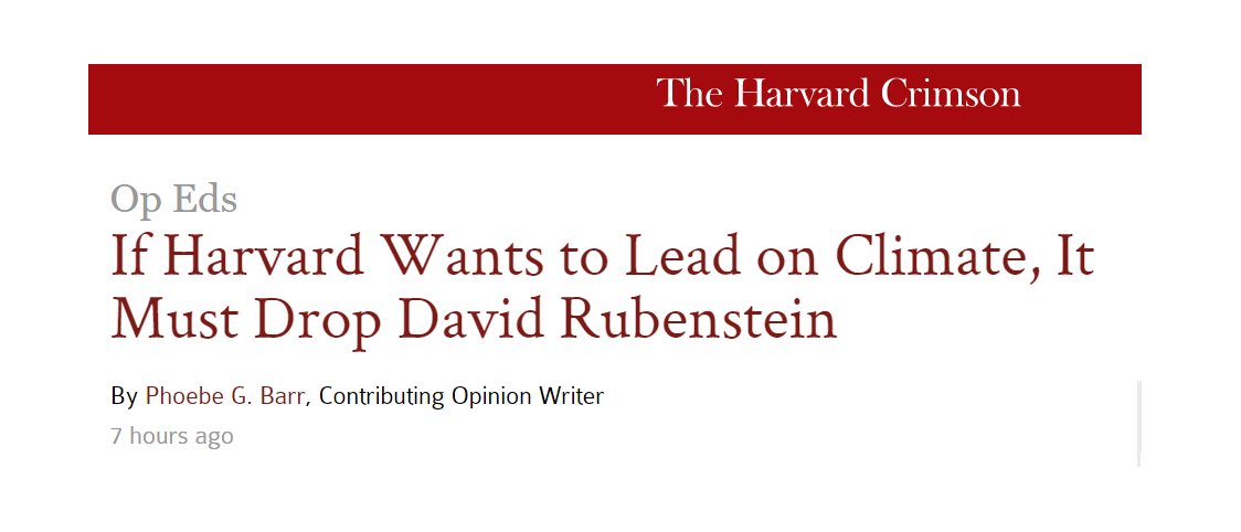 twittlesis's tweet photo. 📢 BIG NEWS 📢  Harvard Crimson op-ed calls for Harvard to *DROP* Carlyle Group's David Rubenstein, a billionaire private equity oil baron, from the Harvard Corporation.

"...the commitments of Harvard and Rubenstein cannot coexist."
 
Op-ed --> https://t.co/Vv0zq70cMF https://t.co/BlJhRV29D4