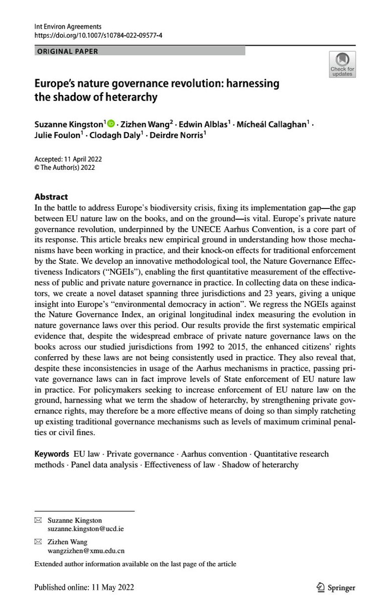 zizhenwang1992's tweet photo. The main paper of our @EUnaturelawsUCD project was just published by International Environmental Agreements!   We investigated the effectiveness of European nature governance rules on environmental compliances using a 23-year panel data of IE FR and NL.
https://t.co/iiF2A2FXQp https://t.co/XYDmPzhQHx