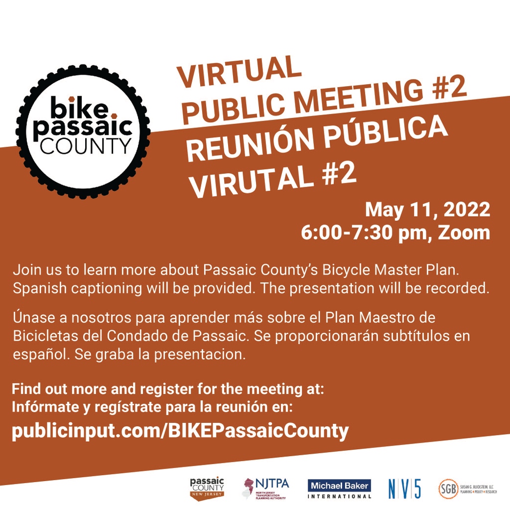 TODAY: @Passaic_County is hosting a virtual public meeting on its first Bicycle Master Plan! This study was funded through our Subregional Studies Program. 

Spanish captioning will be provided.

Find out more and register for the meeting at l8r.it/xyMW.