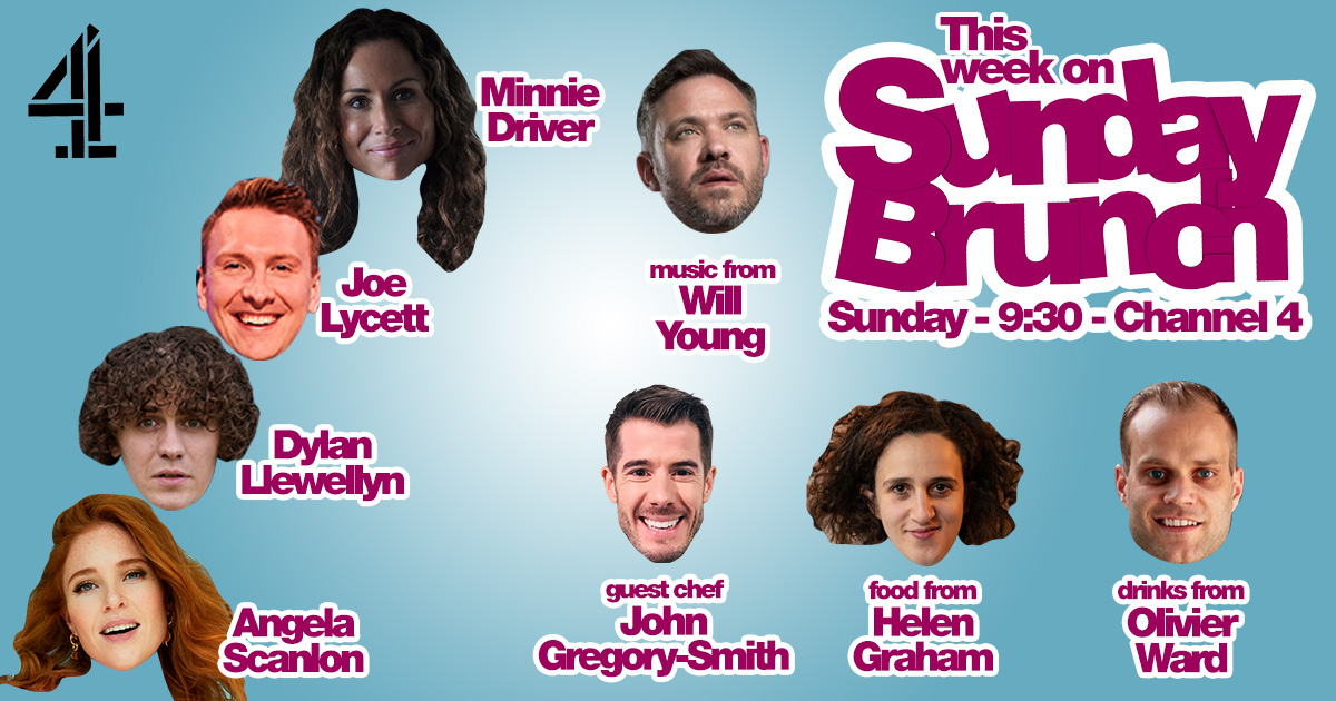 SundayBrunchC4's tweet photo. This week on #SundayBrunch! 📺 @driverminnie, @joelycett, @Djllewellyn & @angelascanlon are joining us! 😁 With food from #HelenGraham, drinks from @SpiritsBeacon and GUEST CHEF @mightyspice 🤩 PLUS LIVE MUSIC from the one and only @willyoung! 💕 9:00am on @Channel4 👍 https://t.co/ba04G9pc05