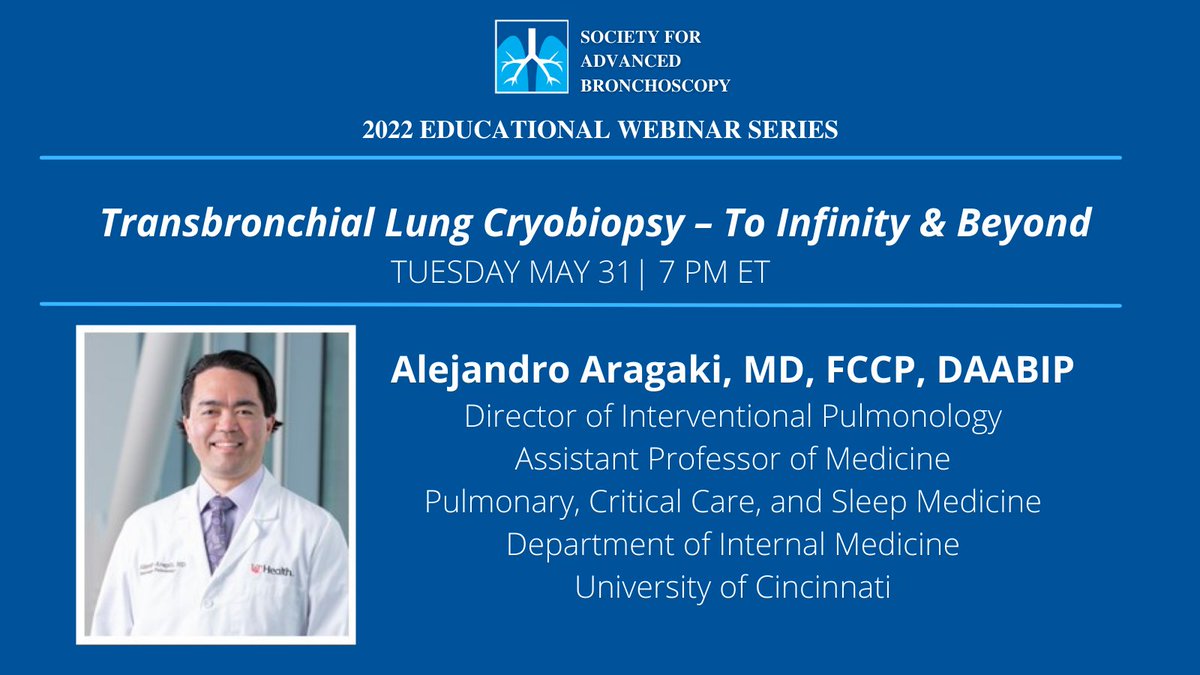 Join us Tuesday, May 31th at 7pm ET for our next live webinar as part of our 2022 Educational Webinar Series: "Transbronchial Lung Cryobiopsy – To Infinity &amp; Beyond" with Dr. Alejandro Aragaki. @nochimd
REGISTER TODAY&gt;&gt;&gt;tinyurl.com/5h9ajvfp
#SAB #Educate #Innovate #Empower
