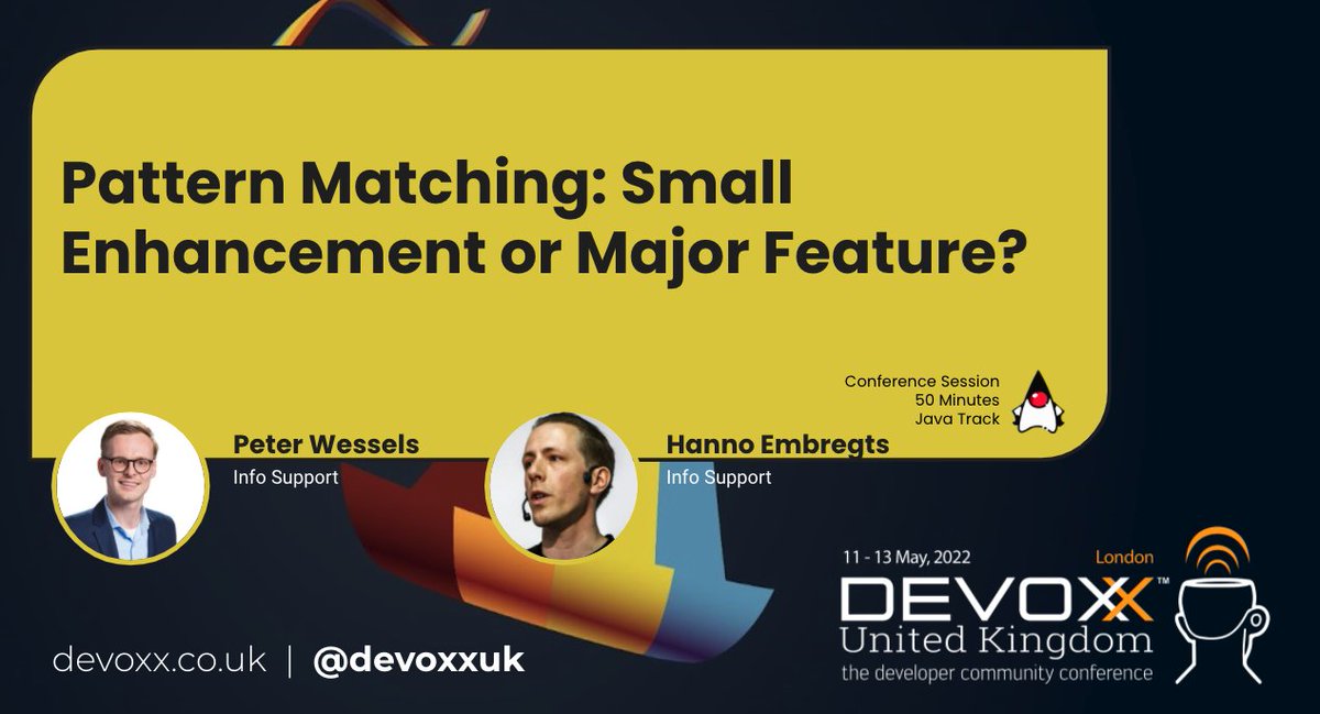 hannotify's tweet image. Java is changing for the better with #PatternMatching! This afternoon @PeterWessels and myself will talk about the past, present and future of pattern matching in Java. Join us at 4PM in the Auditorium! #DevoxxUK