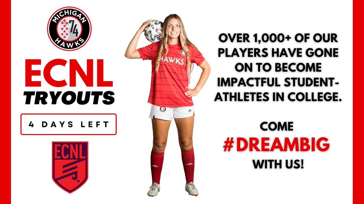 Michigan_Hawks's tweet photo. Four days left, have you registered?  Come find the best version of you on and off the field @Michigan_Hawks.  Register for tryouts at https://t.co/RC9cjcHPjJ at @sjsportscomplex #dreambig #wearefamily https://t.co/eKGh7wCDt4
