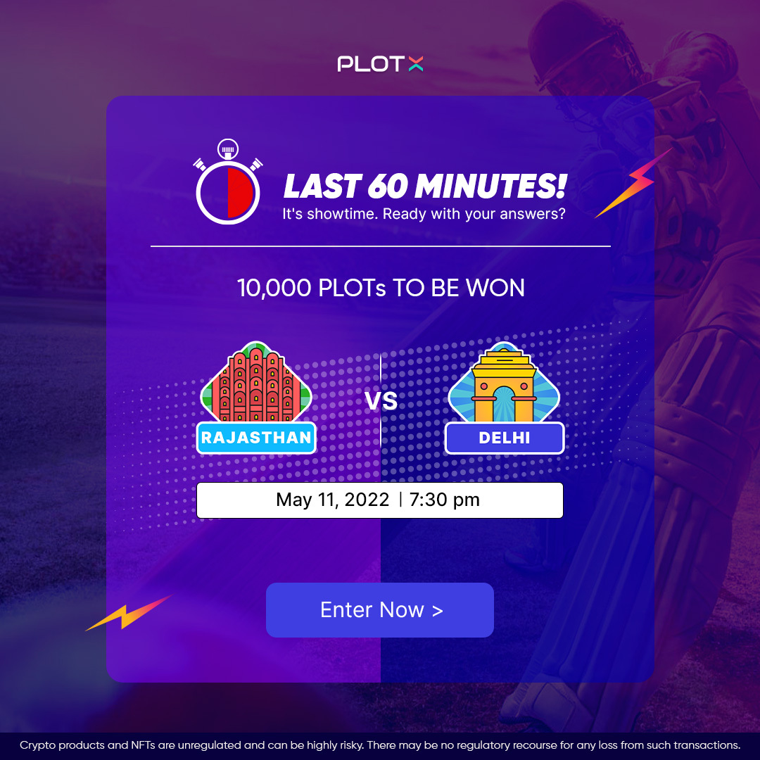 TryPlotX's tweet photo. Last 30 minutes ⏰
It's Delhi ⚔️ Rajasthan tonight! Are you ready with your answers and win from a 10,000 $PLOT prize pool?
Download the app now and join the contest 👉 https://t.co/8YPB01QQ2A
#CricketMeetsCrypto #Crypto https://t.co/i1WI6Ta1tq