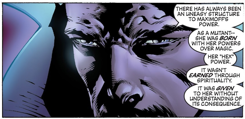 BrettSimison's tweet photo. No, House of M &amp; Avengers Disassembled are *not* must-reads. They are a re-telling of the tired, misogynistic trope of "Women are too powerful and cannot control their abilities"
This panel is from Disassembled #4 where Strange explains why Wanda doesn't "deserve" her powers. https://t.co/iE4ym1G6wf