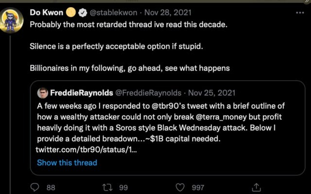 So apparently this retarded and stupid plan did work out. What does that make <a href="/stablekwon/">Do Kwon 🌕</a> then?

#LUNArekt