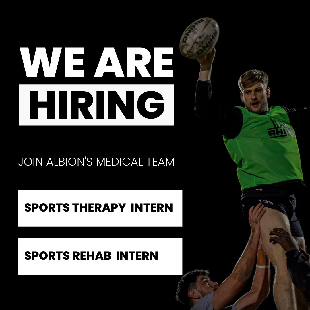 𝗪𝗘'𝗥𝗘 𝗟𝗢𝗢𝗞𝗜𝗡𝗚 𝗙𝗢𝗥 𝗠𝗘𝗗𝗜𝗖𝗔𝗟 𝗜𝗡𝗧𝗘𝗥𝗡𝗦
We are looking for Interns to join our team in preparation for next season.

If this sounds like you, please email albionmedteam@gmail.com with your CV

#sportstherapyjobs #sportstherapy #RugbyJobs #sportsrehab