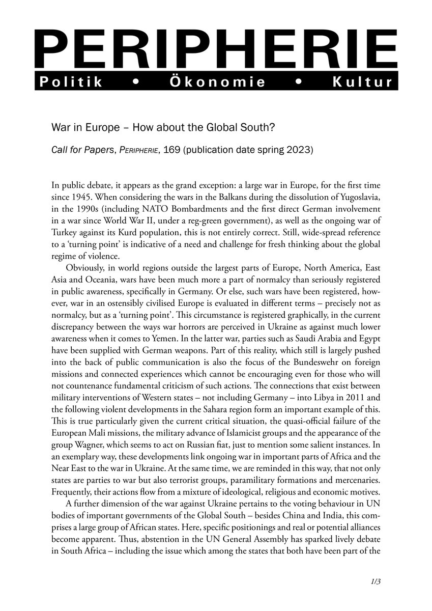 danyellow20's tweet photo. CfP on perspectives from the global South on the war in Europe. Eurocentrism in the perception of wars. Globalisation of war. Eastern European perspectives on Russian imperialism. Refugees &amp; racism. Militarisation &amp; feminist politics @DrJennaMarshall @RobbieShilliam @dirkmoses https://t.co/sevrwddTyp